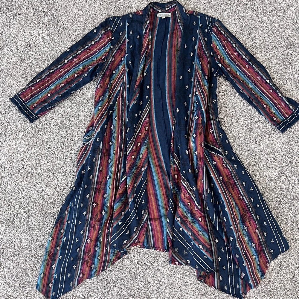 World Market Women’s 100% Cotton Navy Blue Multicolored Kimono Jacket Boho S/M